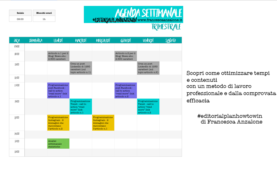 Agenda settimanale - Editorial Plan How to Win - il metodo di lavoro di Francesca Anzalone